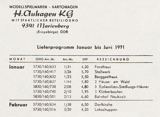 Auhagen Preisliste 1971