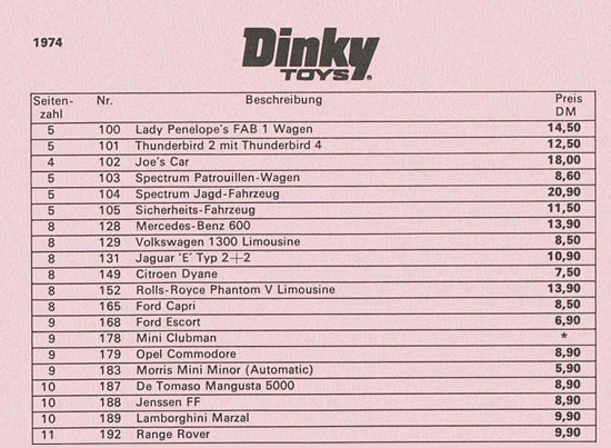 Dinky Toys 1974 Inhaltsverzeichnis