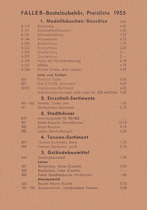 Faller Preisliste Bastelzubehör 1955