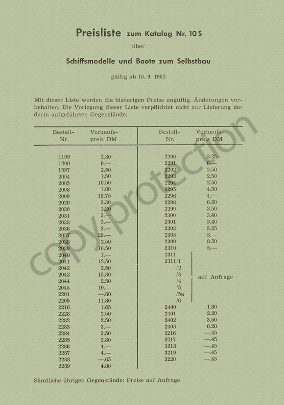 Graubele Preisliste zum Katalog 1952