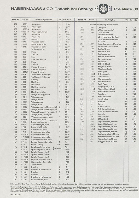 HABA Holzspielwaren Preisliste 1966