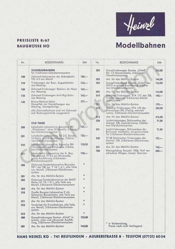 Heinzl Modellbahnen Preisliste 8/67