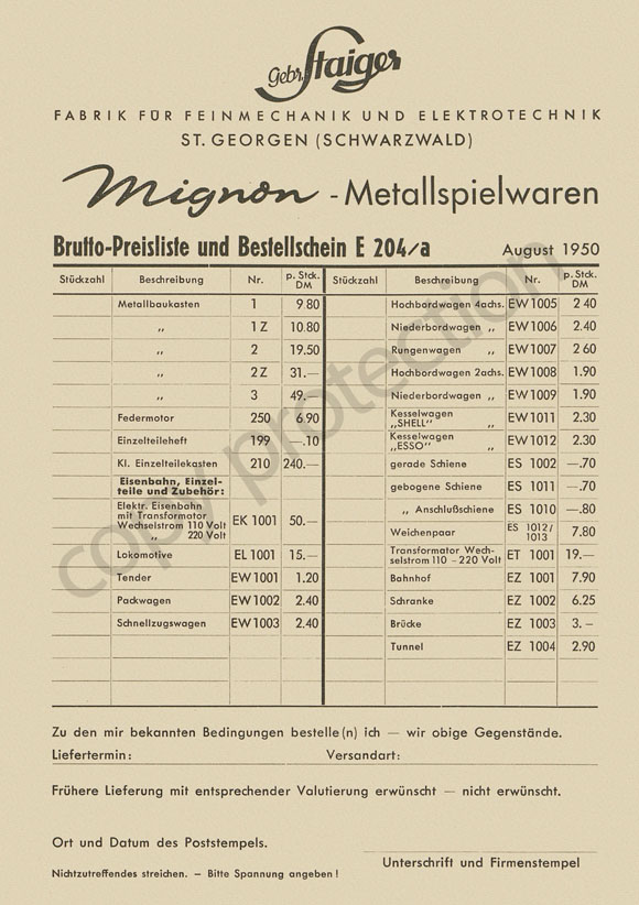 Gebr. Staiger Mignon Preisliste 1950
