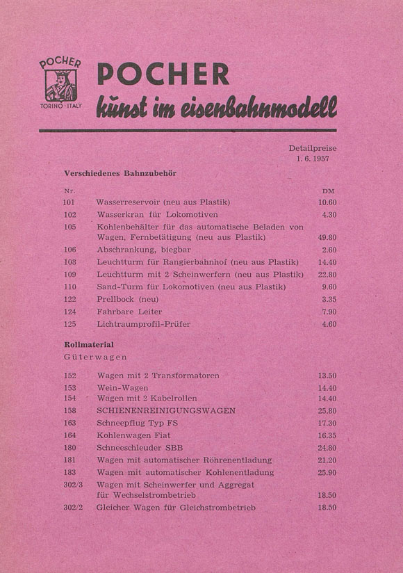Pocher Preisliste Juni 1957