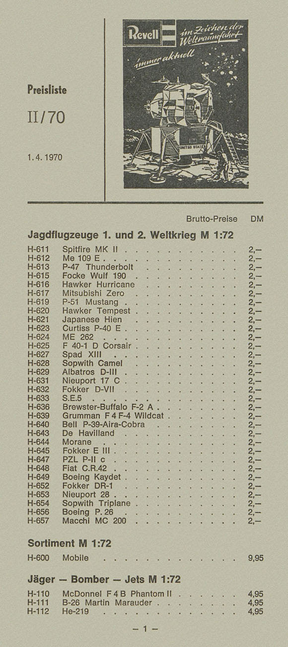 Revell Preisliste April 1970