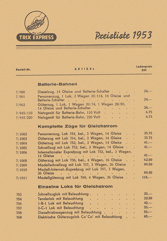 Trix Preisliste 1953