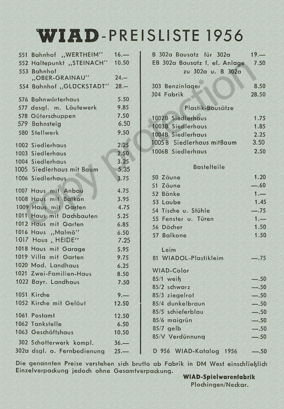 Wiad-Modelle Preisliste 1956