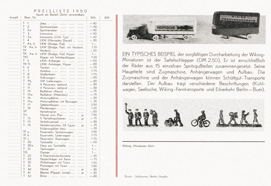 Wiking Preisliste 1950