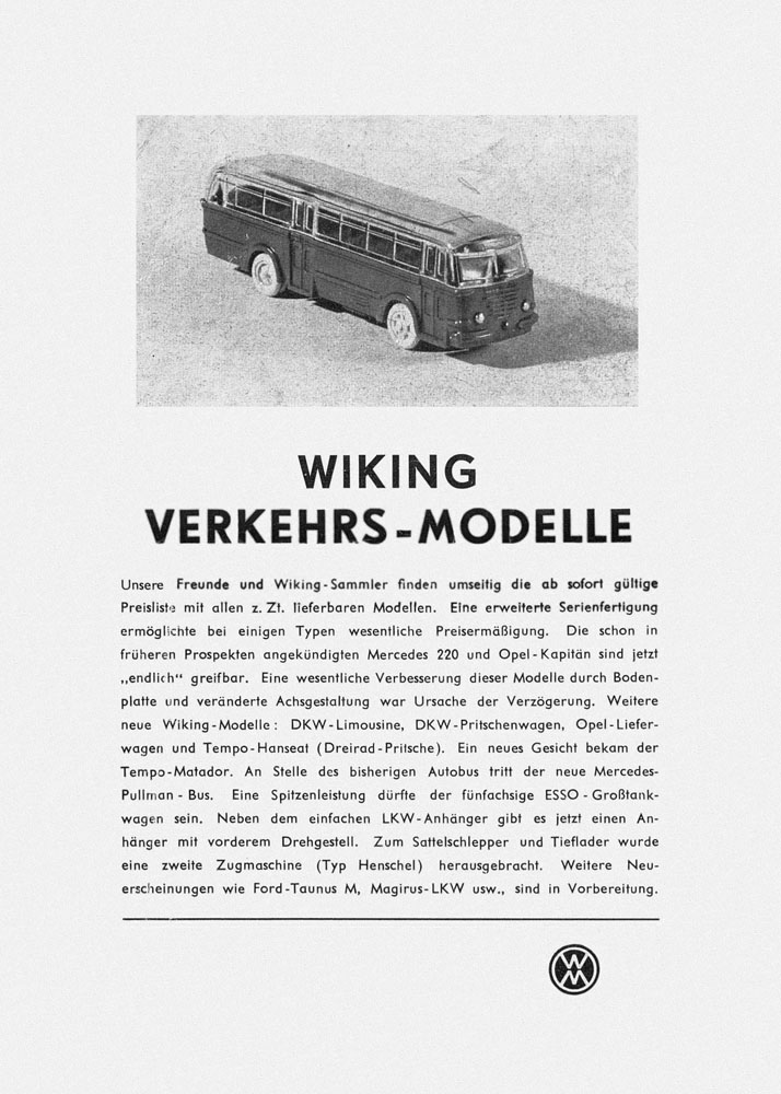 Wiking Katalog 1953, Wiking Modellbau Kataloge, Preisliste 1953, Bildpreisliste 1953, Verkehrsmodelle 1953