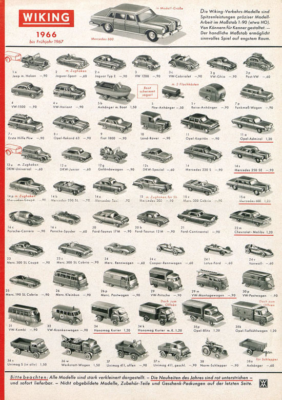 Wiking Katalog 1966, Wiking Modellbau Kataloge, Preisliste 1966, Bildpreisliste 1966, Verkehrsmodelle 1966
