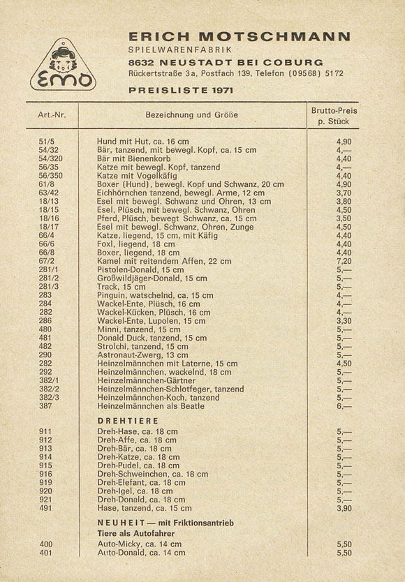 Emo Mechanische Plüschspielwaren Preisliste 1971