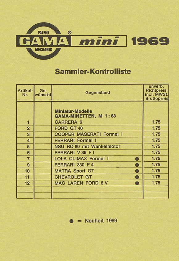 Gama mini 1969 Preisliste