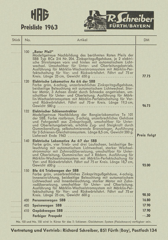 HAG Preisliste 1963
