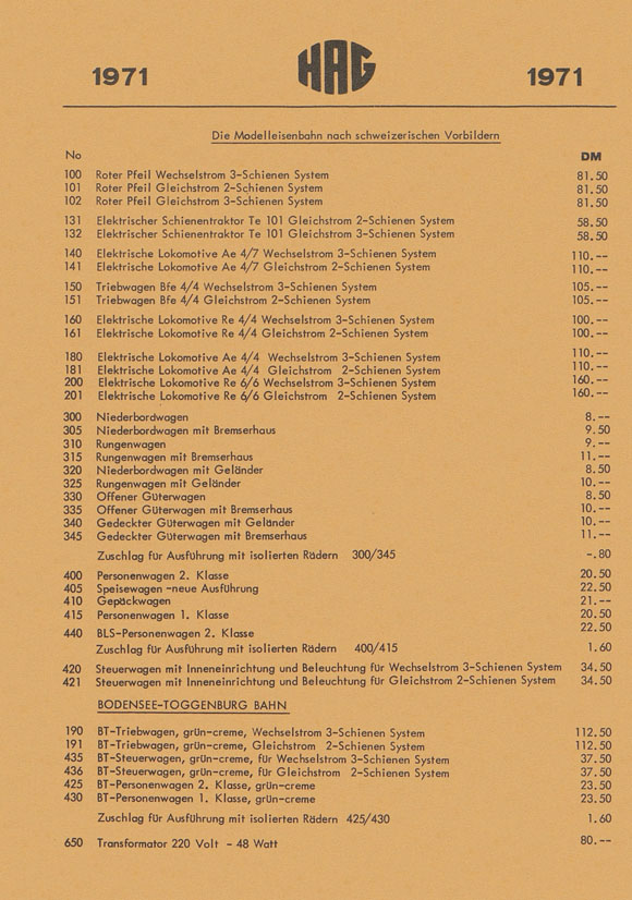 HAG Preisliste 1971