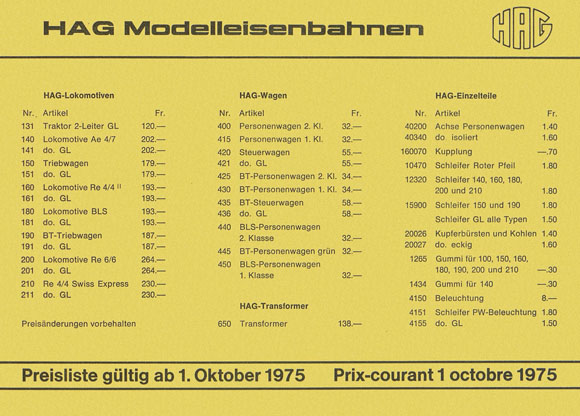 HAG Preisliste 1975