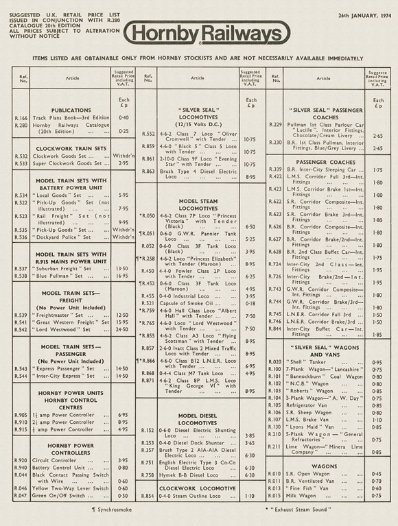 Hornby Railways price list 1974