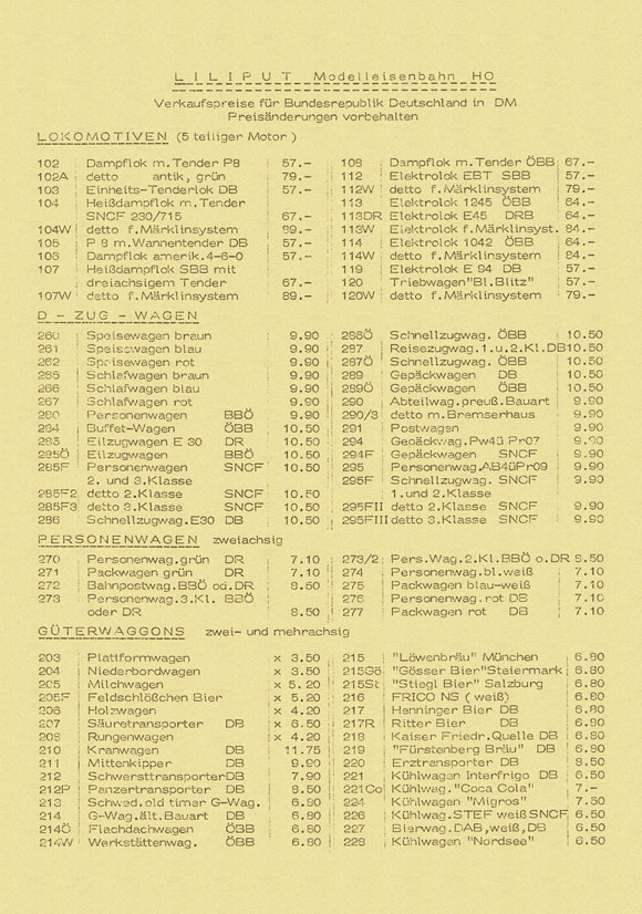 Liliput Preisliste 1969
