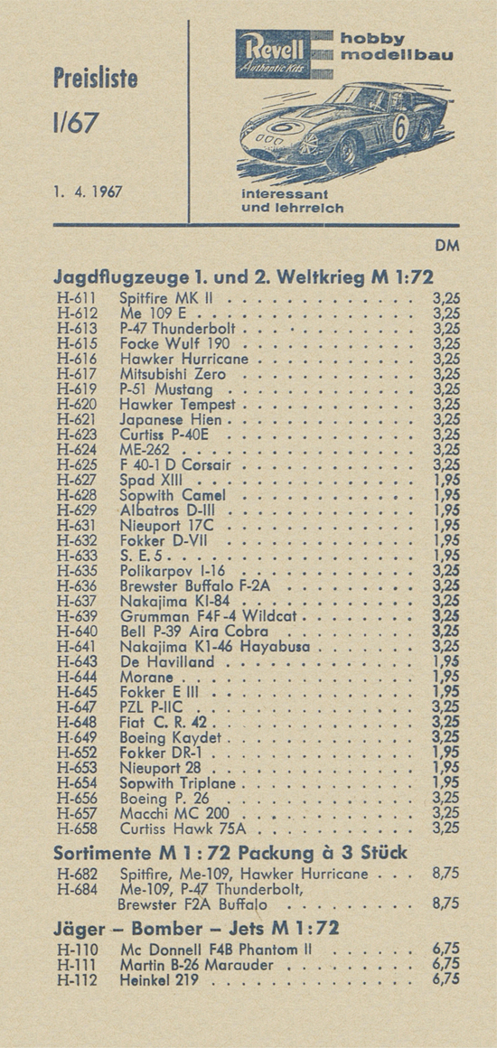 Revell Preisliste April 1967
