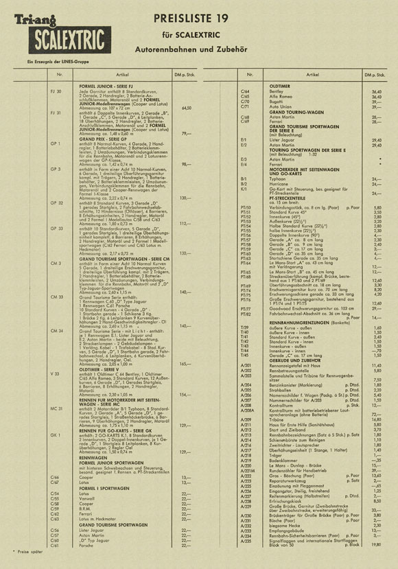 Scalextric Autorennbahnen und Zubehör Preisliste 19 1963