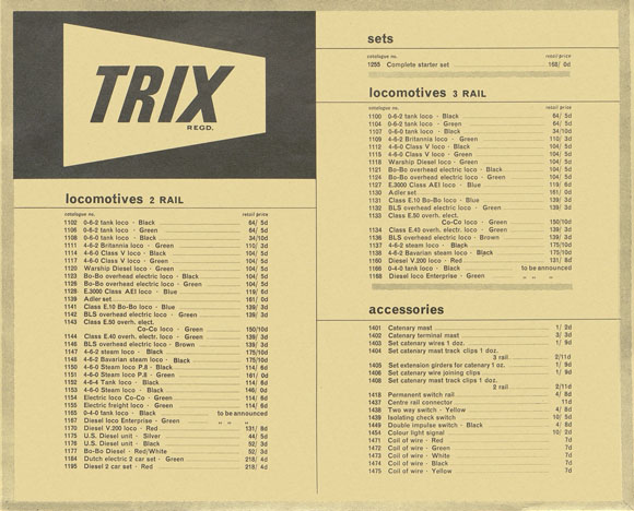 TRIX pricelist U.K. Edition 1964