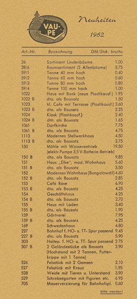 Vau-Pe Neuheiten Preisliste 1962