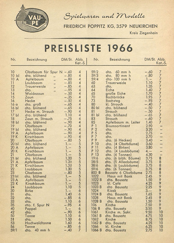 Vau-Pe Preisliste 1966