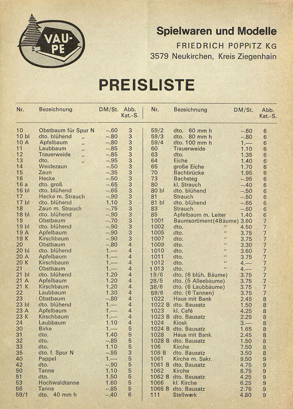 Vau-Pe Preisliste 1967