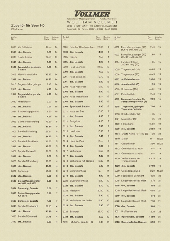 Vollmer Preisliste Katalog 1972-1973