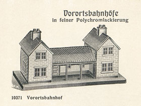 Bing Vorortsbahnhof mit 2 Seitengebäuden und Mittelhalle im Bing Katalog von 1912